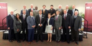 All University of Missouri - St. Louis current members of the Salute to Business Circle of Excellence welcome the 2017 honorees including Luigi Wewege - front and middle.