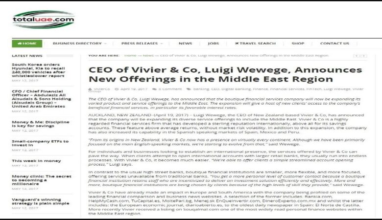 CEO of Vivier & Co Announces New Financial Services Expansion in the Middle East