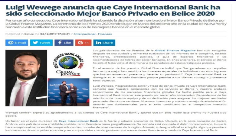 Caye Bank seleccionado Mejor Banco Privado en Belice 2020