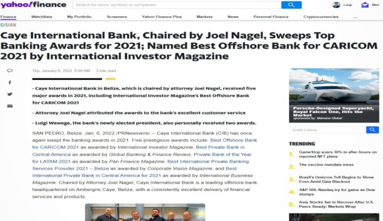 Caye Chaired by Joel Nagel, Sweeps Top Banking Awards for 2021