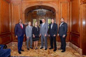 From left, Orvin Kimbrough, Patrick Gadell, Sara Foster, Tom Migneron and Gary Morse were the 2019 recipients of the Distinguished Alumni Award, and Luigi Wewege received the Outstanding Young Alumni Award at last Thursday’s Founders Dinner at the Ritz-Carlton St. Louis. (Photo by August Jennewein)