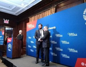 Luigi Wewege – Senior Vice President of Caye International Bank receiving the Best Private Bank in Belize Award for 2019 from Global Finance publisher Joseph D. Giarraputo at The Harvard Club of New York City - February 5th.
