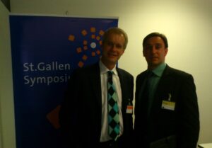 Luigi Wewege meeting top journalist Stephen Sackur the host of HARDtalk on the BBC at a conference in Switzerland