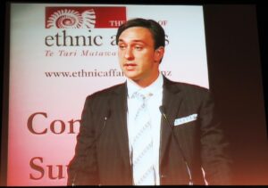 Luigi Wewege speaking at the Ethnic People in Commerce New Zealand Conference at Sky City Convention Centre in Auckland, New Zealand.