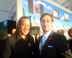 Luigi Wewege with former New Zealand rugby captain - Tana Umaga at the Viaduct Harbour, Auckland.