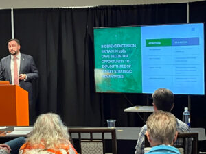 The President of Caye International Bank, Luigi Wewege speaking at the 26th Annual President’s Week Conference at the Ahern Hotel in Las Vegas